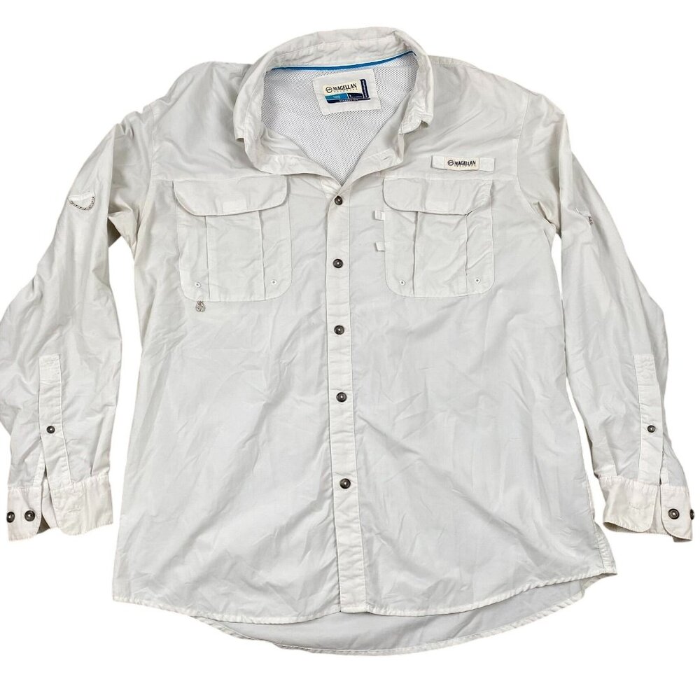 Magellan Outdoors Fishing Shirt L White Mens Relaxed Fit Moisture-Wicking Long S
